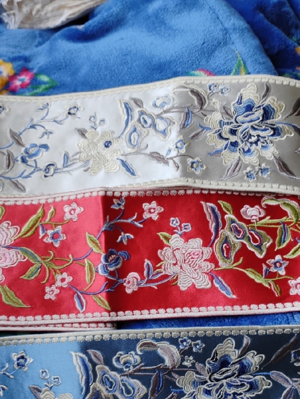 Embroidered Floral Satin Trim - Red, Ivory, Blue